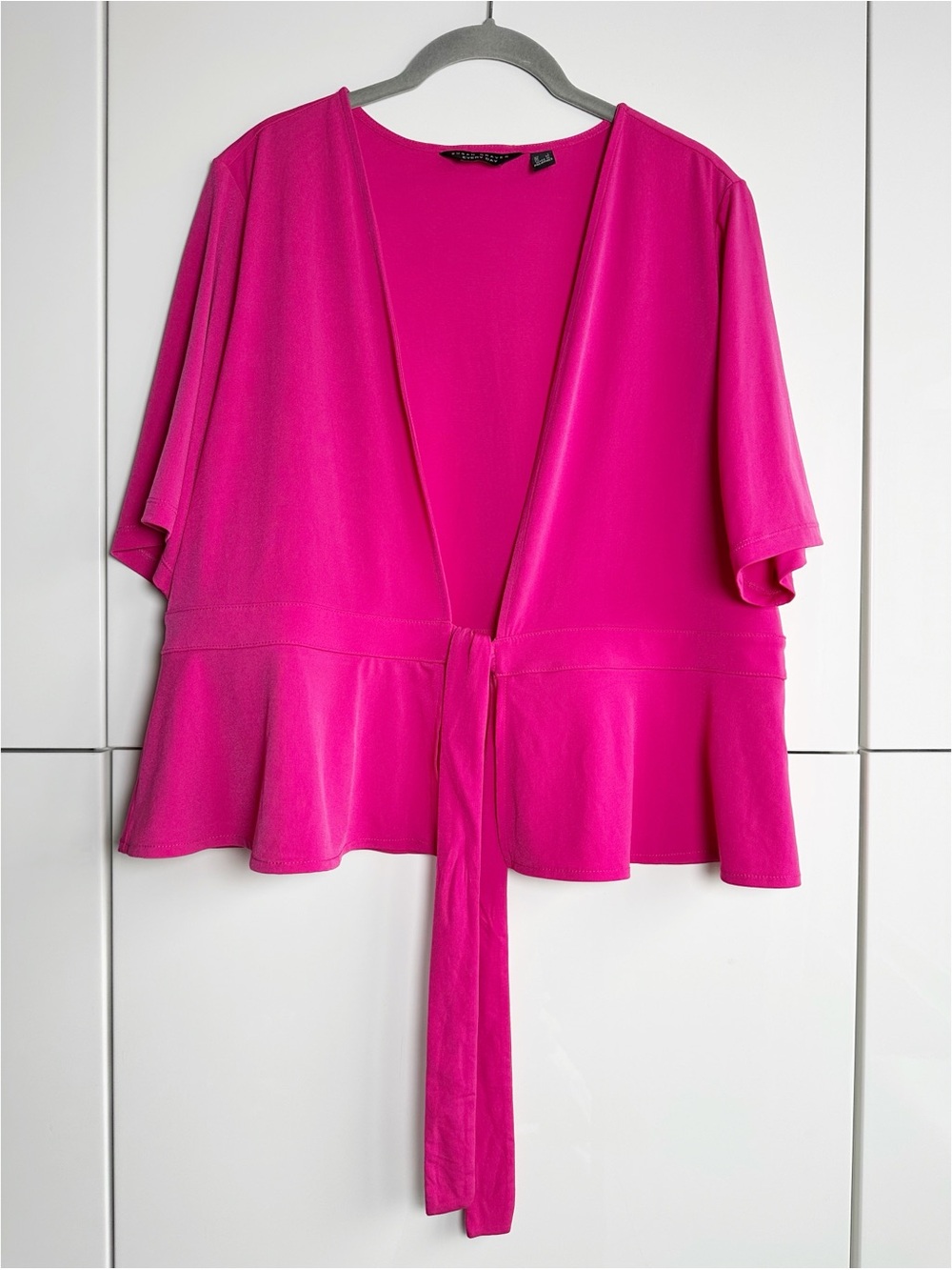 Susan Graver Everyday Liquid Knit Cardigan Hot Pink Peplum Tie Front Large